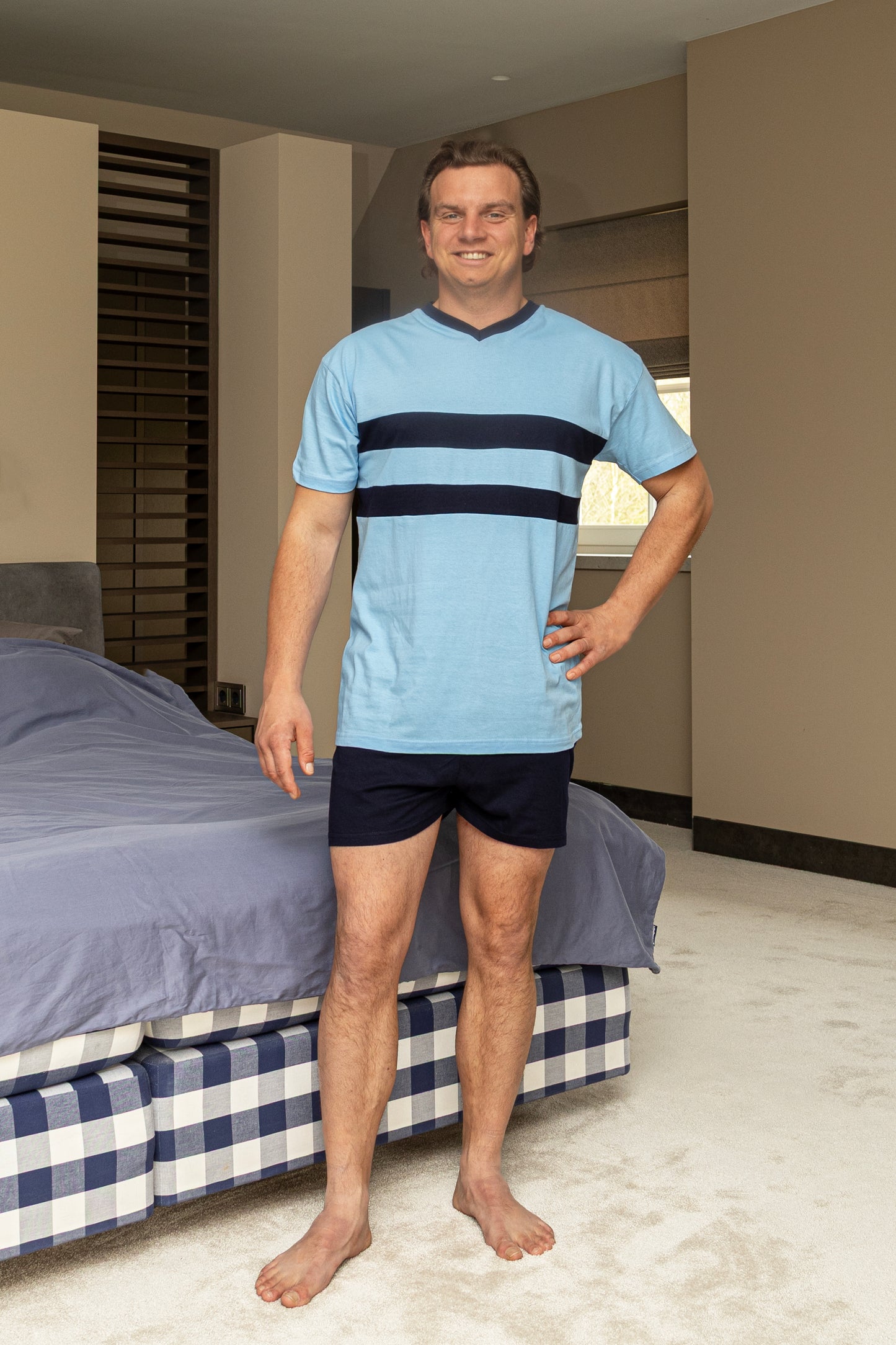 Heren Pyjama Korte Mouw - Navy / Licht Blauw