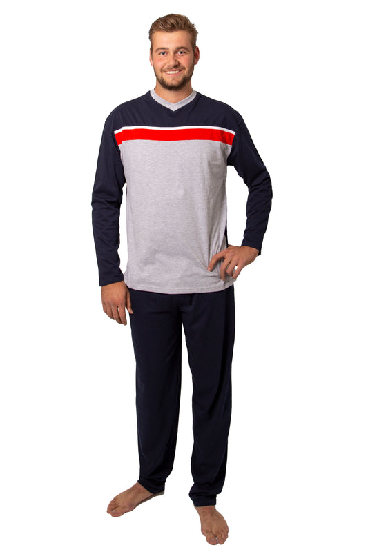 Heren Pyjama Lange Mouw - Grijs / Navy / Rood