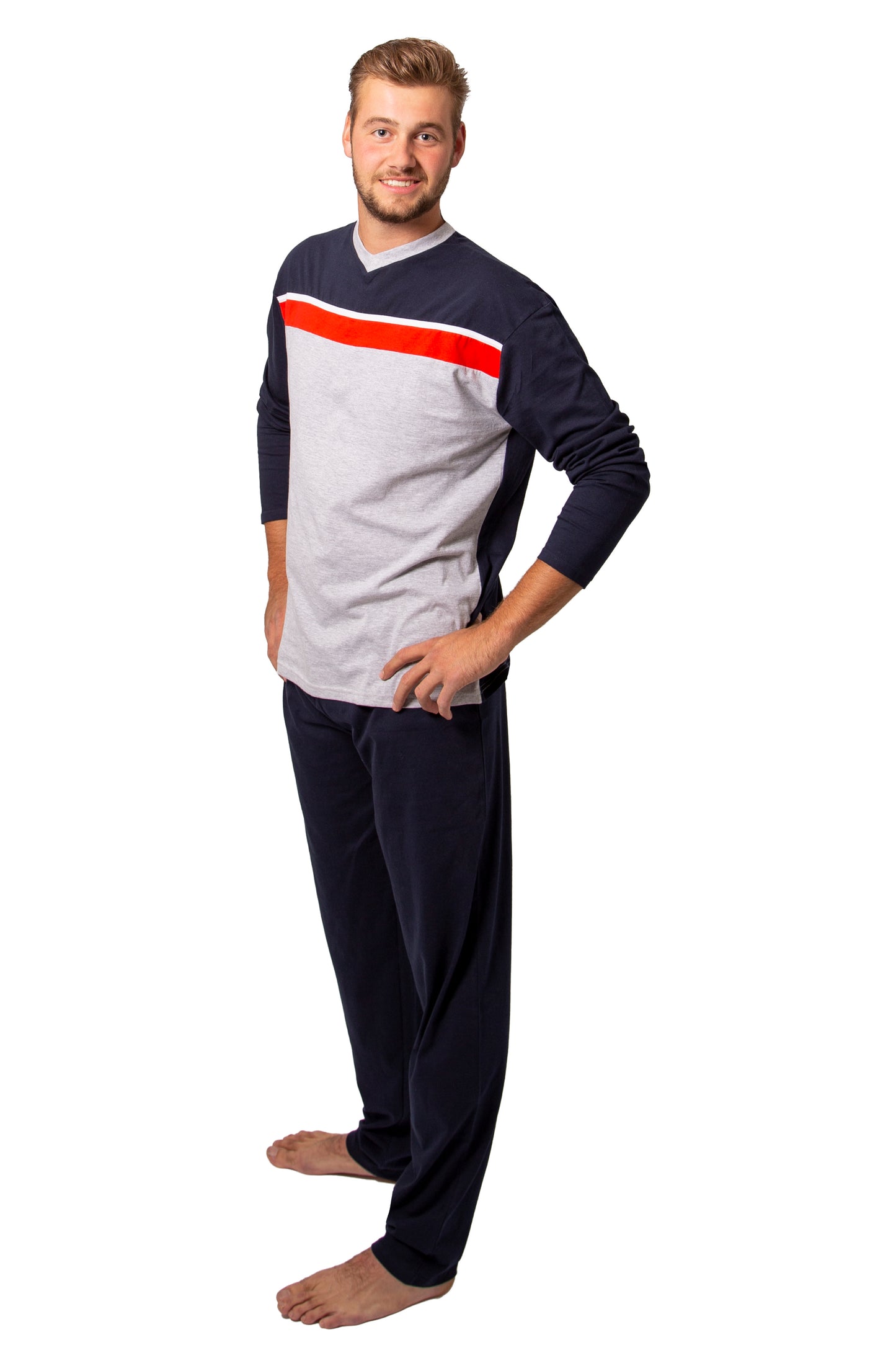 Heren Pyjama Lange Mouw - Grijs / Navy / Rood