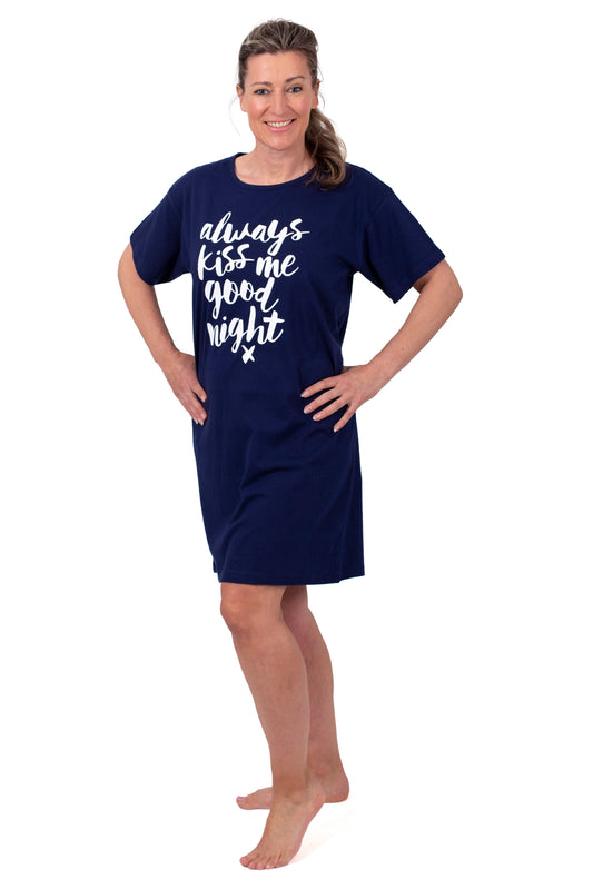 Amantes Nachthemd Dames - Slaapshirt - Korte Mouw - Navy Blauw